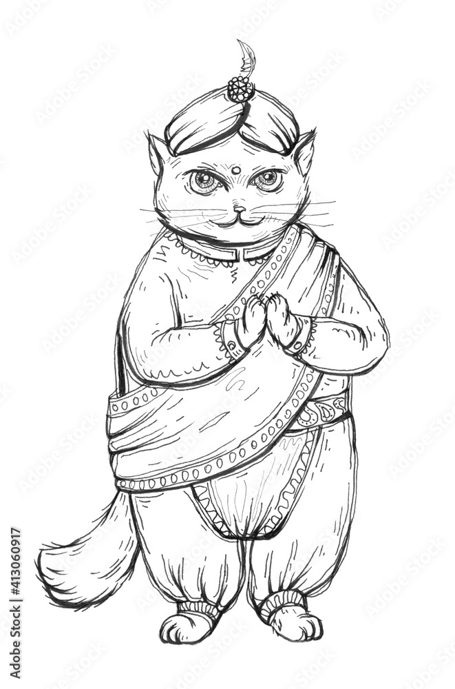 Fototapeta premium Cat dressed in national bavarian clothes and turban. Vintage monochrome hatching illustration