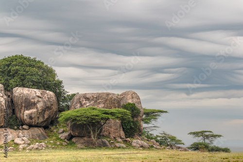 Kopje and cloud formation, Serengeti National Park, Tanzania, Africa.