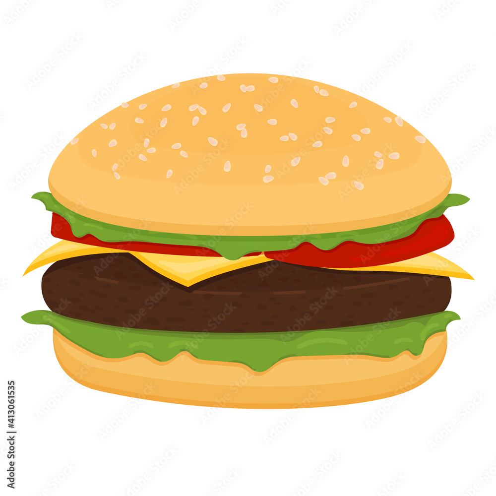 Vector drawing of hamburger with cheese, tomatoes, chop, lettuce, onion, cucumber in flat cartoon style. Illustration for design fast food menu. Hamburger isolated icons. Vector drawing of hamburger with cheese, tomatoes, chop, lettuce, onion, cucumber in flat cartoon style. Illustration for design fast food menu. Hamburger isolated icons.