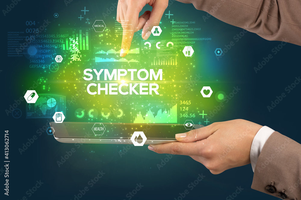 Close-up of a touchscreen with SYMPTOM CHECKER inscription, medical concept
