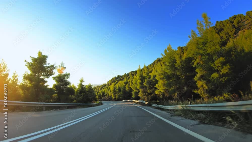 POV drive gopro car travel by mediterranean coast, green trees forest nature and golden flickering sunlight, asphalt road point of view sunny summer day POV drive gopro car travel by mediterranean coast, green trees forest nature and golden flickering sunlight, asphalt road point of view sunny summer day