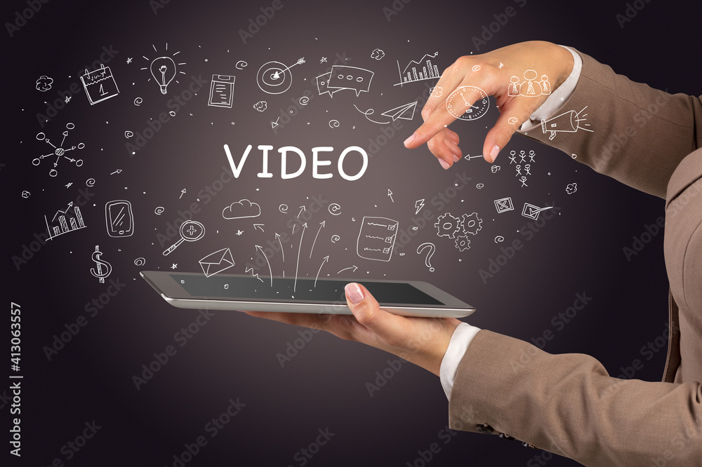 Close-up of a touchscreen with VIDEO inscription, social media concept Close-up of a touchscreen with VIDEO inscription, social media concept