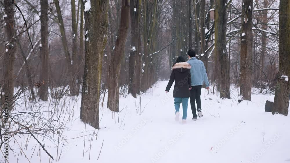 Back view of young couple walking in the snow covered park on Valentines day. High quality 4k footage Back view of young couple walking in the snow covered park on Valentines day. High quality 4k footage