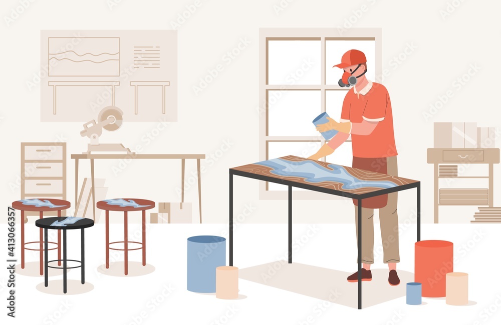 Young man wearing protective face mask and filling wooden table with acrylic vector flat illustration. Foreman making modern fashionable furniture, desk and chairs. Furniture workshop interior design.