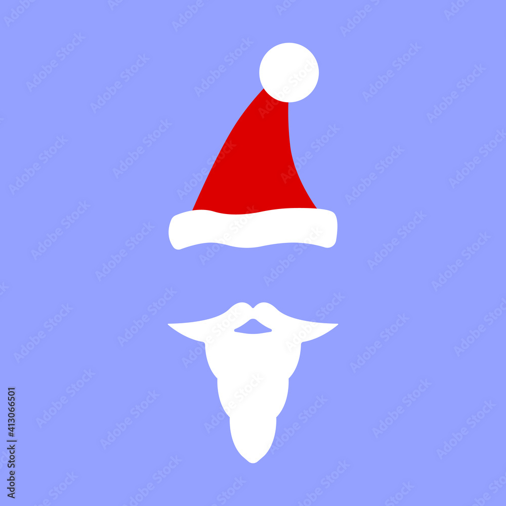 Santa hat, beard and mustache vector icon. Cap mustache and beard of Santa Claus isolated on blue background. equipment for Santa Claus. Concept icon for Santa Claus. Icon in flat style. Santa hat, beard and mustache vector icon. Cap mustache and beard of Santa Claus isolated on blue background. equipment for Santa Claus. Concept icon for Santa Claus. Icon in flat style.