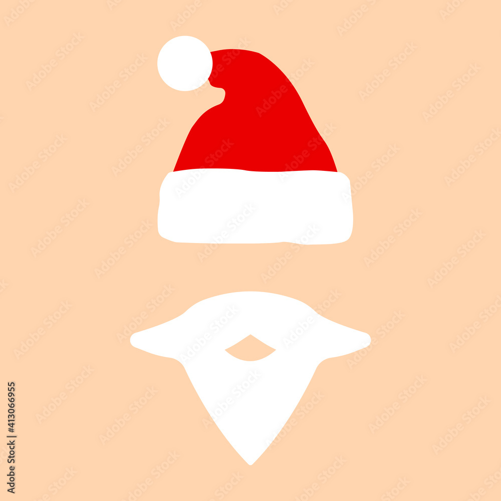 Vector icon of Santa hat, beard and mustache. Equipment icon for Santa Claus. Santa Claus concept for Christmas. Vector illustration. Icon isolated. Vector icon of Santa hat, beard and mustache. Equipment icon for Santa Claus. Santa Claus concept for Christmas. Vector illustration. Icon isolated.