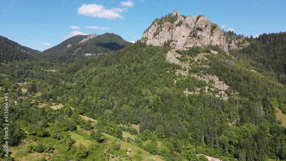 Aerial view the Red rock at Rhodope Mountains, Smolyan Region, Bulgaria Aerial view the Red rock at Rhodope Mountains, Smolyan Region, Bulgaria