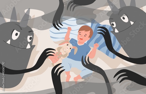 Little boy lying in bed at night and has nightmare with creepy black monsters vector flat illustration. Baby boy has a bad dream with terrifying ghosts. Boy suffer from sleeping disorder, nightmare.