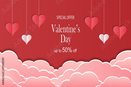 Romantic template with hanging paper hearts and clouds on a red background and copy space for text. Valentines day holiday concept. Vector illustration in flat style