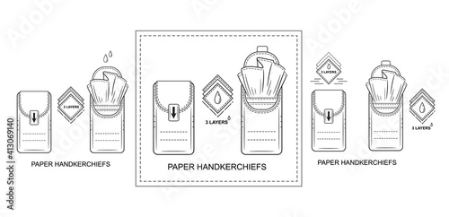 Paper disposable handkerchiefs pocket tissues pack icon set. Mini napkins bag. Closed and open dry clean wipes package for personal skin or nose hygiene. Outline isolated vector for packing design 