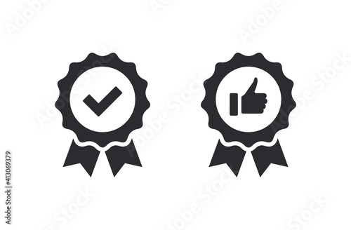 Certificate icon. Premium quality. Achievement badge. Like icon. Hand like. Thumb up. Social media sign. Quality mark. Check mark icon. Vector check mark. Quality checking. Quality seal. Approval sign