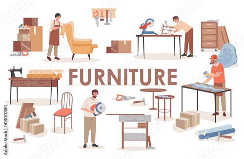 Furniture word banner design with text space. Group of carpenters at wooden workshop making furniture vector flat illustration. Repair or construction furniture service poster concept.