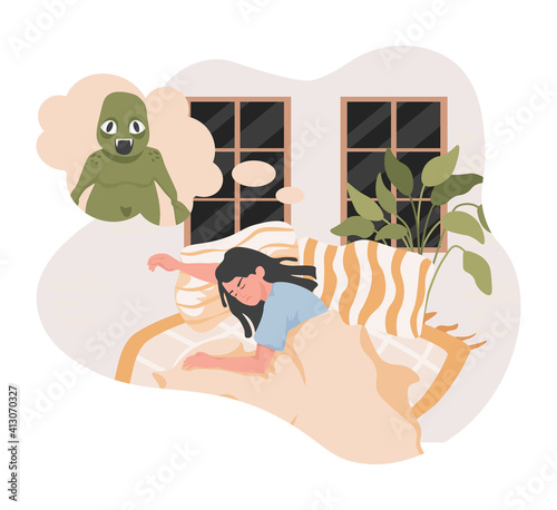 Tired young woman lying in bed at night and having bad dream with big creepy green stranger or monster vector flat illustration. Girl in cozy bedroom having nightmare with alien.