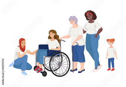 Girl power vector flat concept. Women of different ages and rases standing together. Female character sitting in wheelchair. International Woman Day, Feminism, body positive concept.