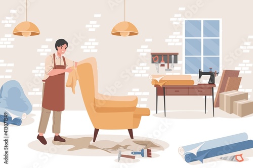 Carpenter at furniture workshop making comfortable armchair vector flat illustration. Man in apron assembles armchair. Furniture workshop interior design with tools and fabric for fitting furniture.