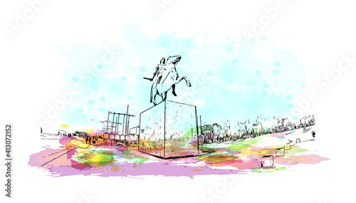 Building view with landmark of Thessaloniki is the
city in Greece. Watercolour splash with hand drawn sketch illustration in vector.