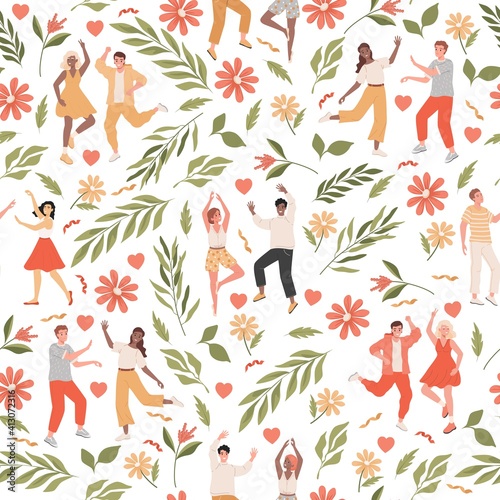 Dancing people and green nature vector flat seamless pattern. Men and women in casual clothes dancing, celebrating holiday, feeling positive emotions. Green leaves, flowers, and hearts illustration.