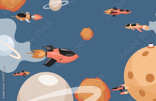 Space rockets flying in cosmos vector flat illustration. Spaceships in outer space flying among planets and stars. Cosmos exploration, space expedition, interstellar traveling concept.