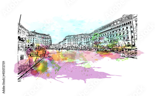 Building view with landmark of Thessaloniki is the
city in Greece. Watercolour splash with hand drawn sketch illustration in vector.