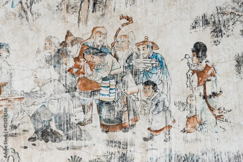 Mural telling the story of Journey to the West  Xuanzang and his followers  Dafo  Great Buddha  Temple  Zhangye  Gansu Province  China