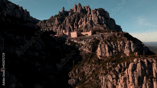 Aerial views of the monastery of Montserrat and its mountains in Catalonia