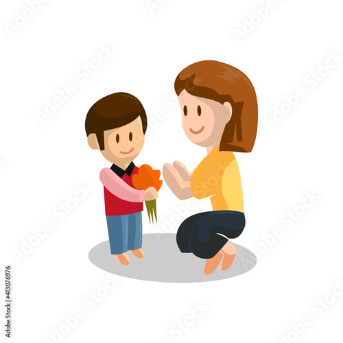 Son give Young mother Flower . Happy Mothers Day concept with mom and Son . Vector illustration