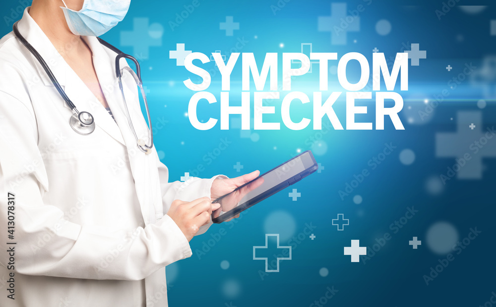 doctor writes notes on the clipboard with SYMPTOM CHECKER inscription, first aid concept doctor writes notes on the clipboard with SYMPTOM CHECKER inscription, first aid concept