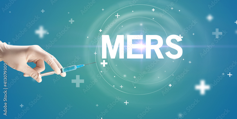 Syringe needle with virus vaccine and MERS abbreviation, antidote concept
