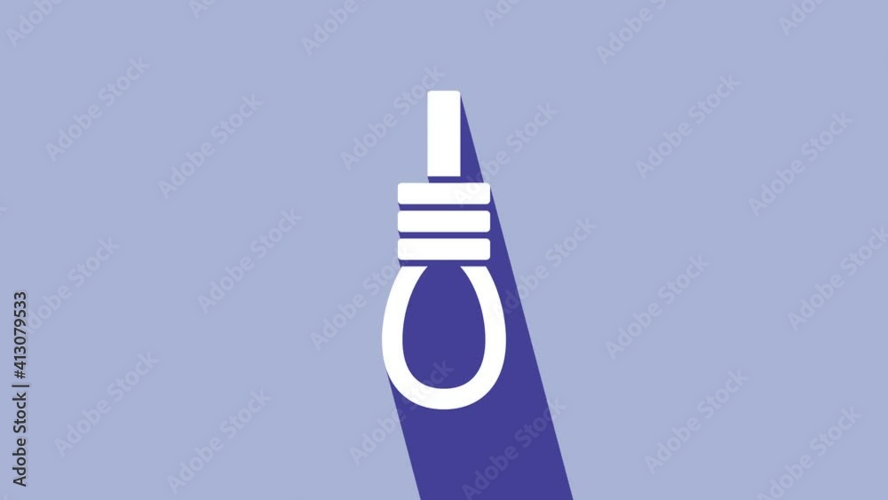 White Gallows rope loop hanging icon isolated on purple background. Rope tied into noose. Suicide, hanging or lynching. 4K Video motion graphic animation White Gallows rope loop hanging icon isolated on purple background. Rope tied into noose. Suicide, hanging or lynching. 4K Video motion graphic animation