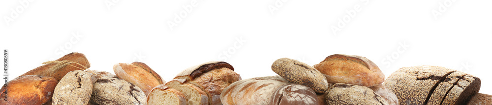 Set with different fresh tasty bread on white background, banner design