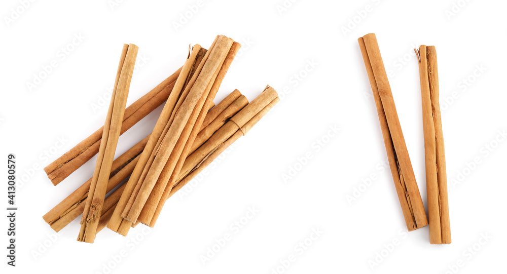 Aromatic cinnamon sticks on white background, top view. Banner design Aromatic cinnamon sticks on white background, top view. Banner design