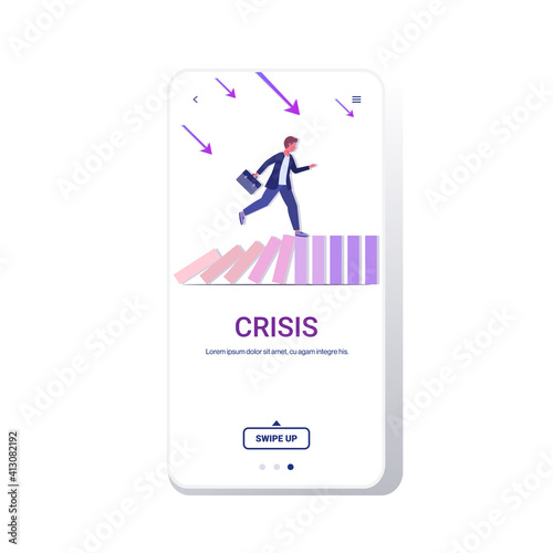 businessman running on falling dominos solving problem domino effect crisis management chain reaction finance intervention concept smartphone screen mobile app full length copy space vector