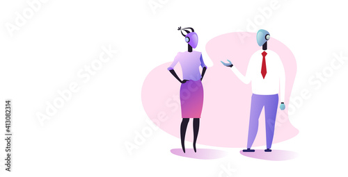male female robotic business couple discussing during meeting artificial intelligence technology concept two robots standing together full length horizontal vector illustration