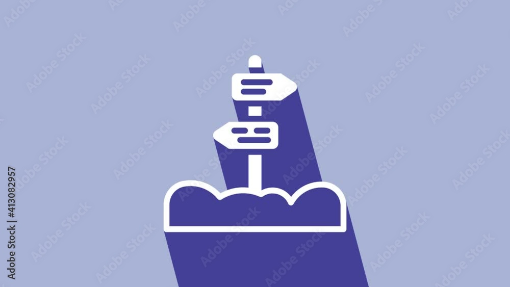 White Road traffic sign. Signpost icon isolated on purple background. Pointer symbol. Street information sign. Direction sign. 4K Video motion graphic animation