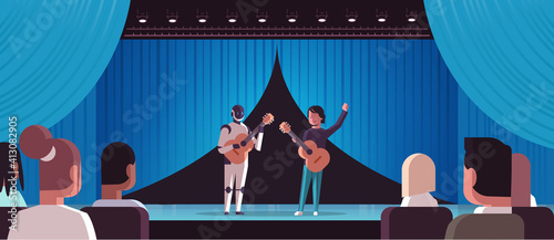robotic musician with man guitarist playing acoustic guitar robot vs human standing together at theater stage with curtain s artificial intelligence concept full length horizontal vector illustration