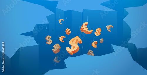 money falling down hole economy financial crisis bankruptcy concept horizontal vector illustration