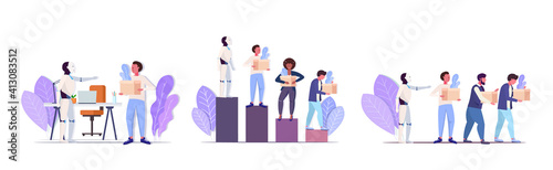 set robot kicked human away from work modern robotic character replacing businesspeople artificial intelligence domination concepts collection horizontal full length vector illustration