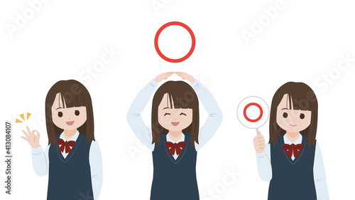 学生　女子生徒　美少女　正解　オッケー　〇　ポーズ　上半身　イラスト素材
