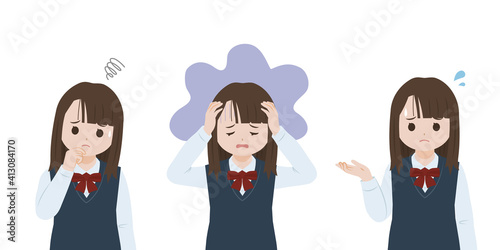 学生　女子生徒　美少女　困る　悩み　不安　表情　ポーズ　上半身　イラスト素材