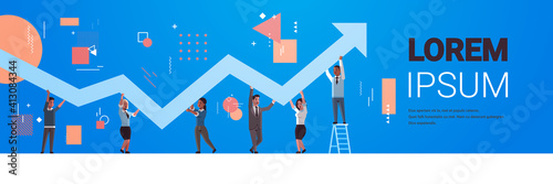 businesspeople holding upward financial arrow up teamwork successful business development growth concept mix race employees correcting direction of graphic horizontal full length copy space vector