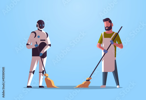 robotic janitor with man cleaner sweeping and cleaning robot vs human standing together artificial intelligence technology concept flat full length horizontal vector illustration