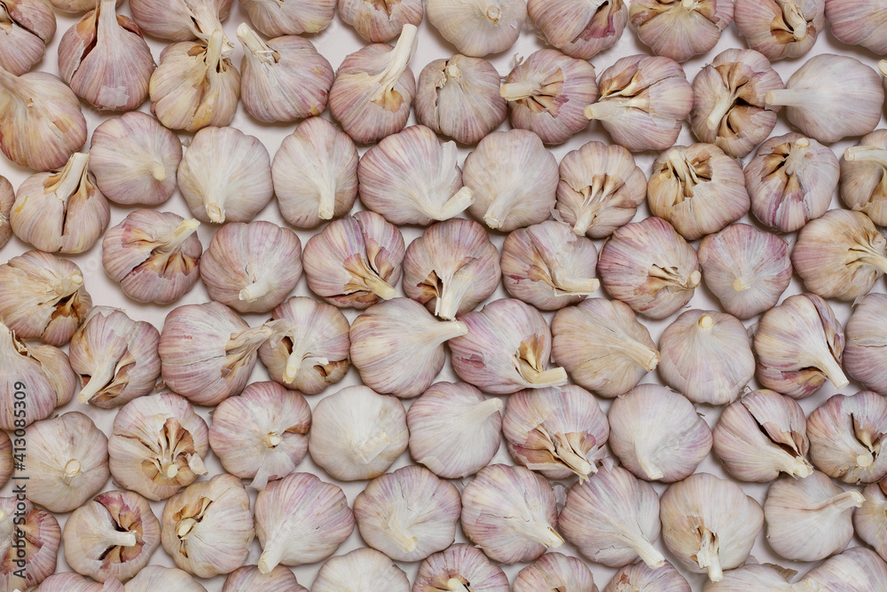 Pile of the fresh bulb garlic on white background. Top view.
Pile of the fresh bulb garlic on white background. Top view.