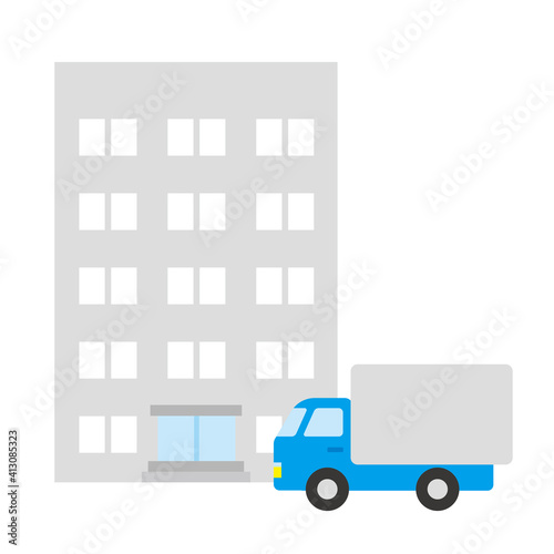 可愛いオフィスビルとトラックのイラスト　働く車　ビジネスイメージ © ぽこたぽこ