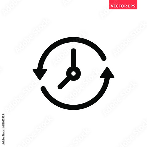 Black back time on clock icon, simple linear round clock face flat design vector pictogram, infographic vector for app logo web website button ui ux interface elements isolated on white background