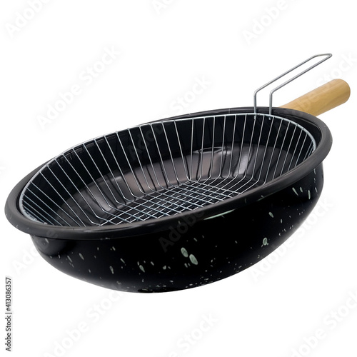 Enamelled fryer pan with strainer basket for french fries potatoes, fish and chips, donuts, pork, steak, Chicken, Bacon Wrapped, Cannoli. Crispy food