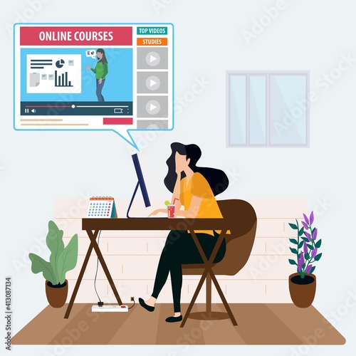 women working in office online courses study. Vector Illustration 