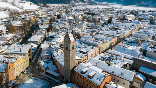 Twelve o'clock Tower in Vipiteno - Sterzing: is a little town in South Tyrol in Wipptal, northern Italy. Aerial view of the old city center with 