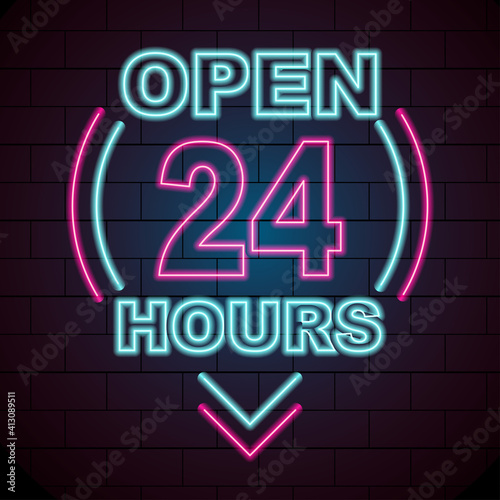 glowing neon open 24 hours sign template	