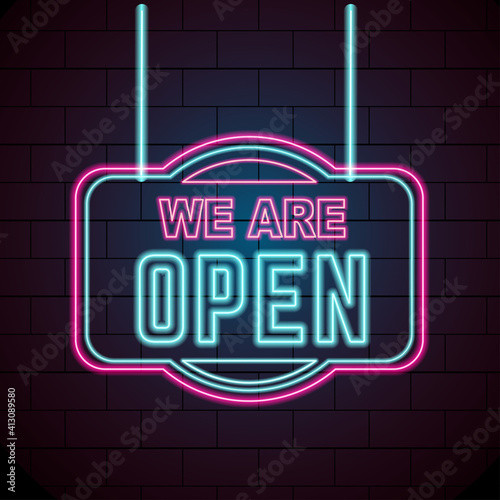 glowing neon we are open sign template