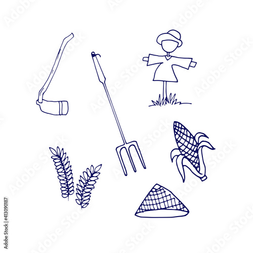 set of farming icon isolated on white background. agriculture doodle art. farming vector illustration. hand drawn vector. farming and gardening tool. doodle for kids, cover, poster, coloring.